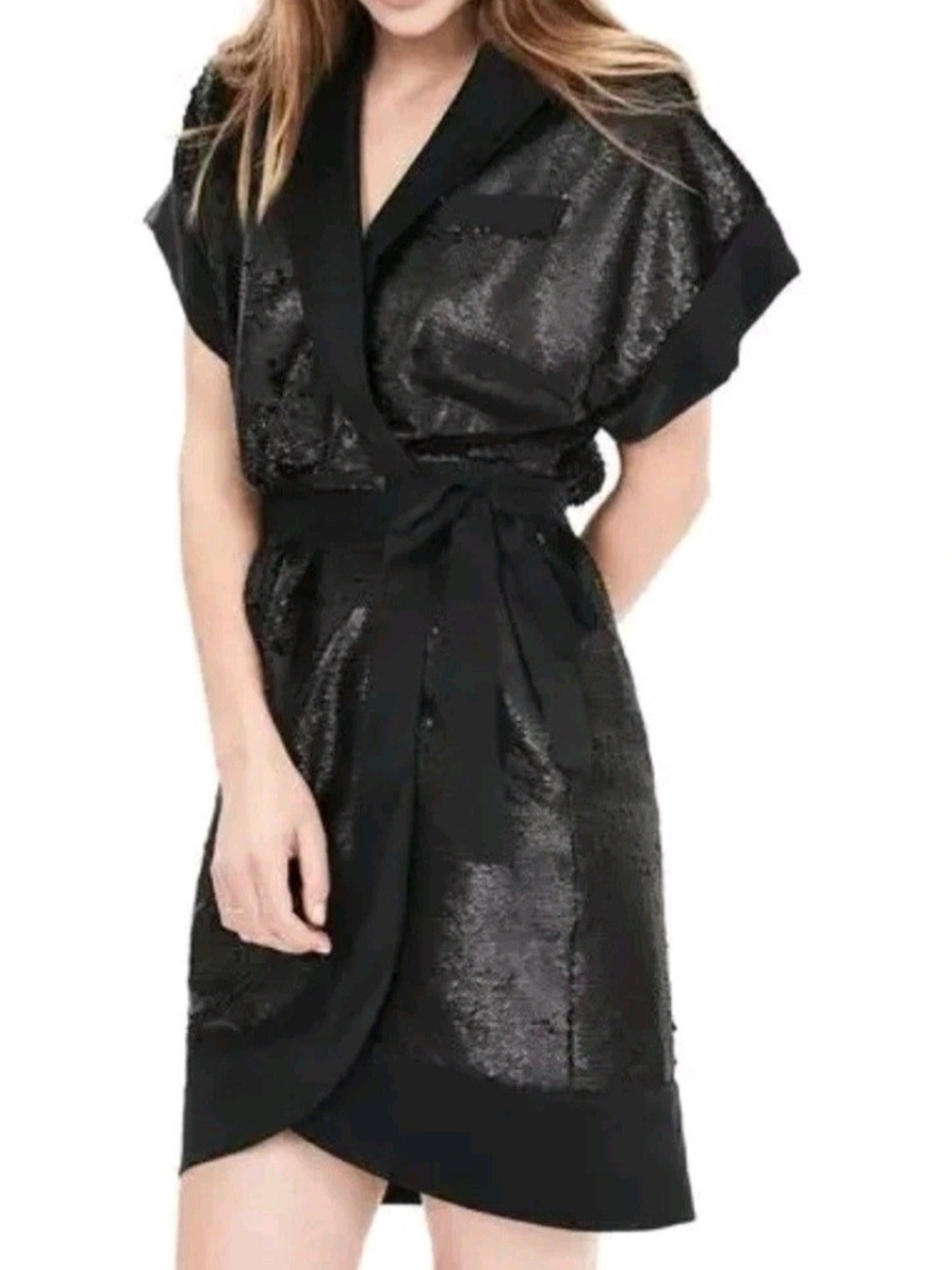 Y2K Banana Republic Monogram Black Sequin Wrap Dress Silk  Cocktail Party Sz  6